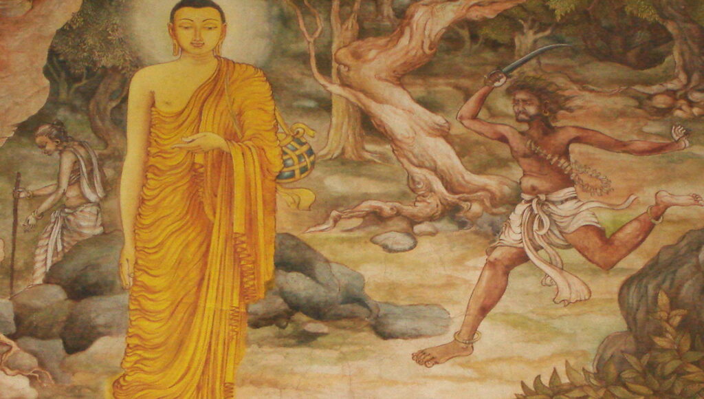 Public-domain mural of the Buddha walking calmly ahead of Angulimāla in the forest. Part of the story of Angulimala.
